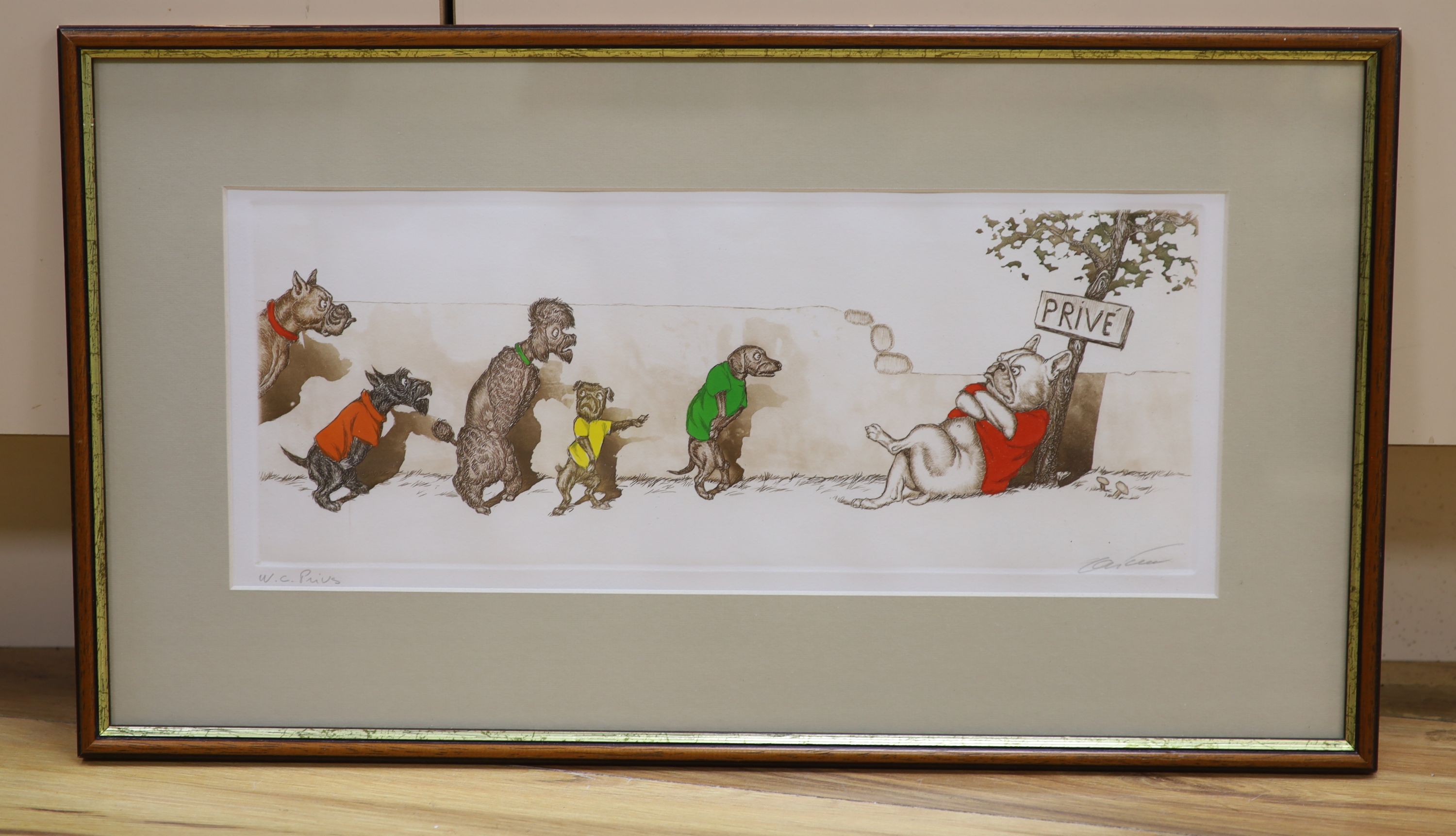Boris O'Klein (1893-1985), coloured etching. 'Privé', signed in pencil, 18 x 44cm